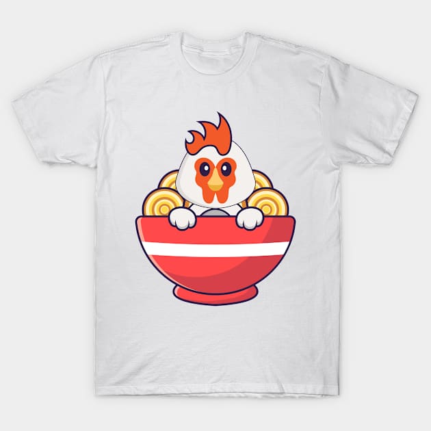 Cute chicken eating ramen noodles. T-Shirt by kolega